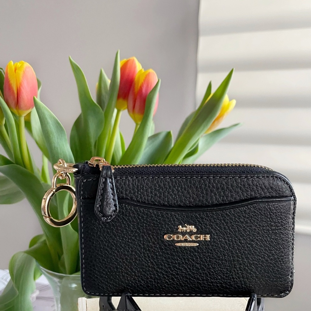 Coach Multifunction Card Case, with Key Ring, Black Leather, EUC